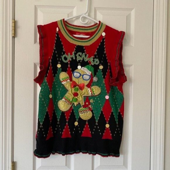 Blizzard Bay Ugly Christmas Sweater Vest XL Gingerbread “Oh Snap!” 3D Decor - Picture 2 of 5